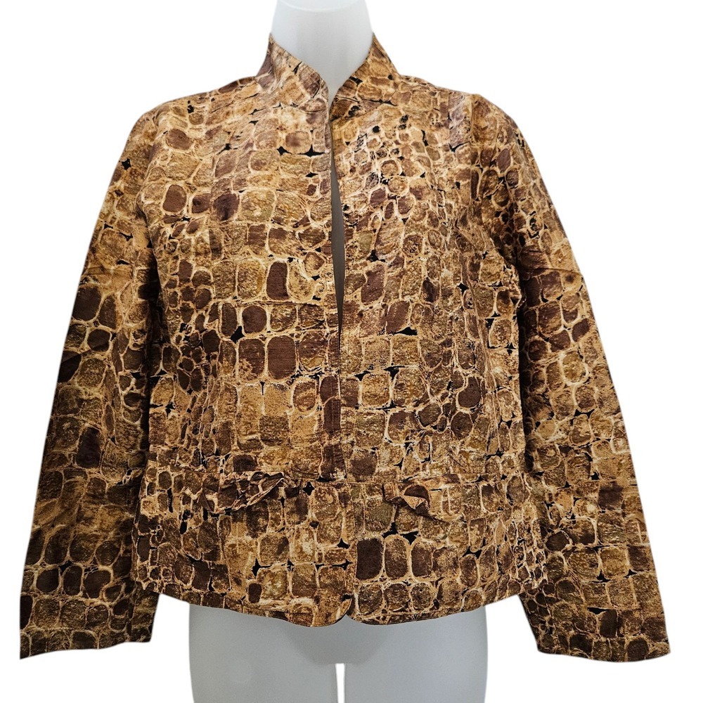Chico's Top Cardigan 1 Animal AOP 100% Silk Open Front Lightweight Office Nature